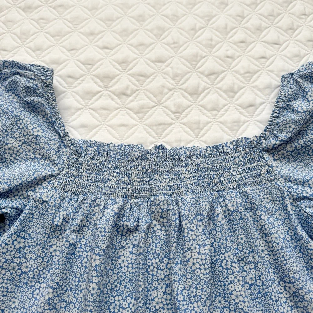 J Crew Liberty Jacqueline's Blossom Floral Blue Smocked Puff Sleeve Top Size M